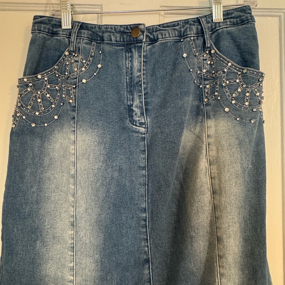 Cache Blue Denim Maxi Skirt w Embellishments